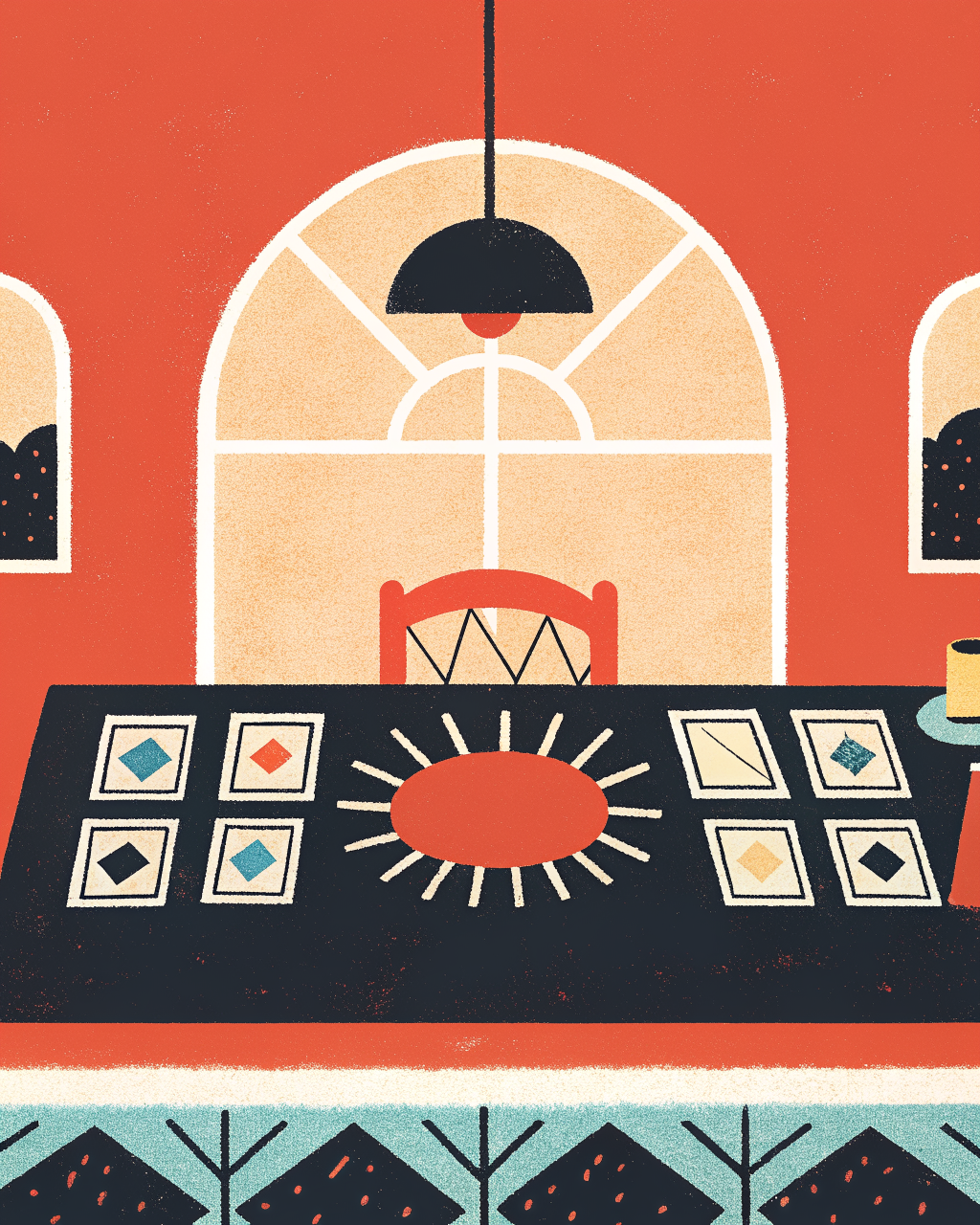Editorial photo — printed party kit on a table, morning light